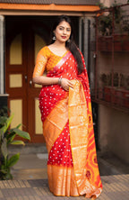 Red Jute Silk Printed Saree with Unstitched Blouse - Hiral Fashion
