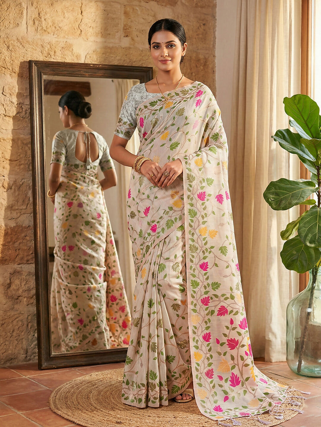 Shree Shyam Fashion White Linen Cotton Saree - Distacart