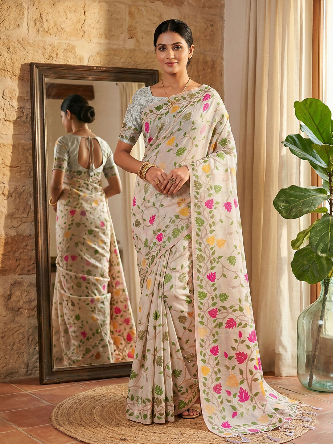 Shree Shyam Fashion White Linen Cotton Saree - Distacart