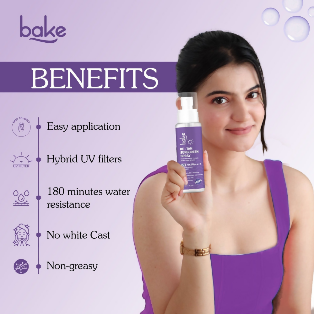 Bake De-tan Waterproof Sunscreen Spray SPF 70 PA+++ with 2% Kojic Acid