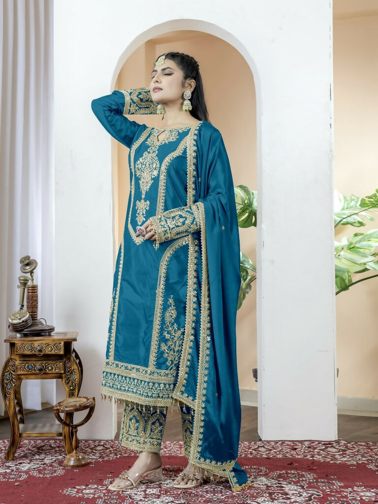 Teeya Creation Morepich Color Chinnon Silk Embroidery Work Fully Stitched Salwar Suit - Distacart