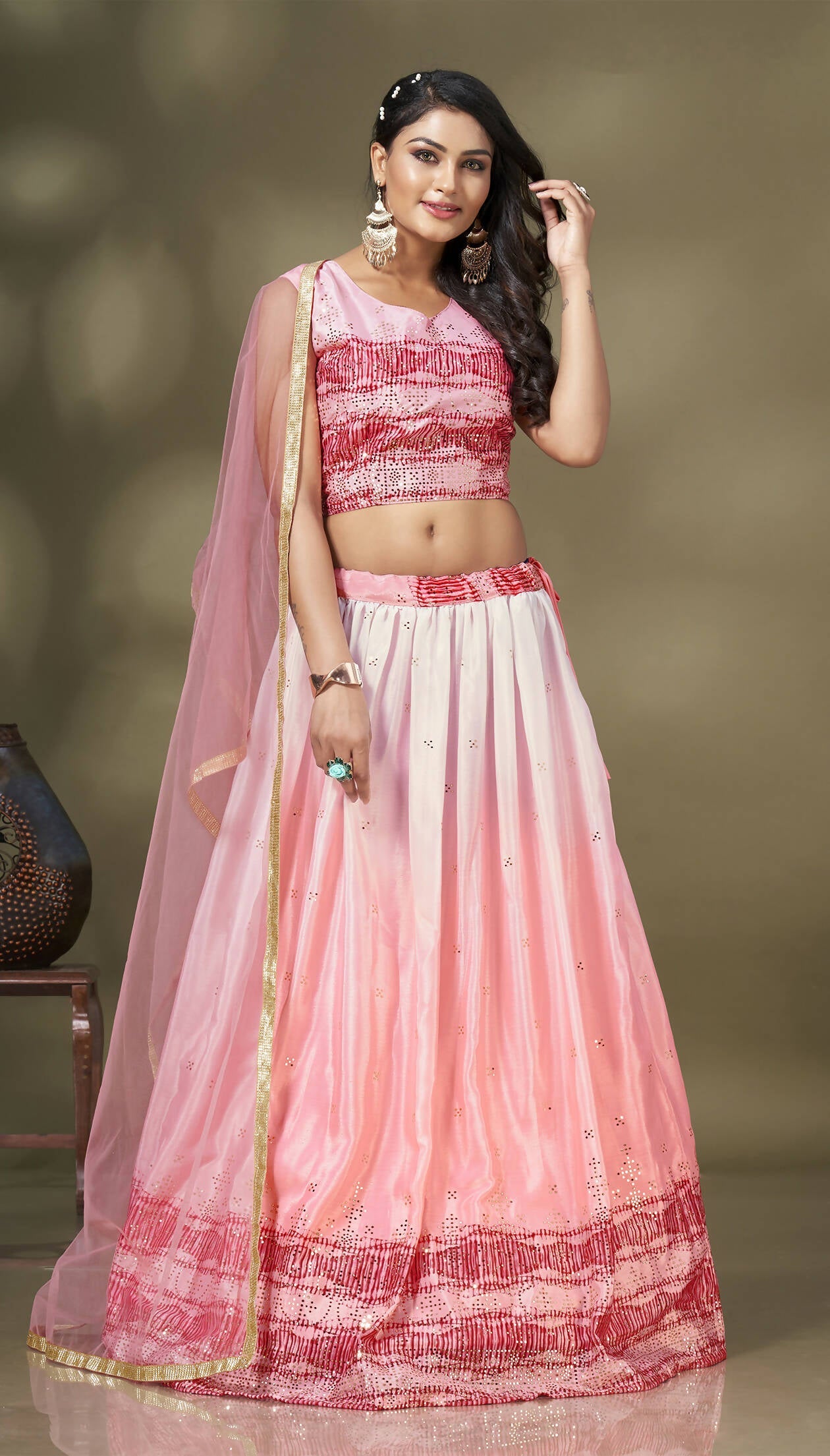 Pink Chinon Crush Mirror Foil work Lehenga Choli with Dupatta - Aakriti