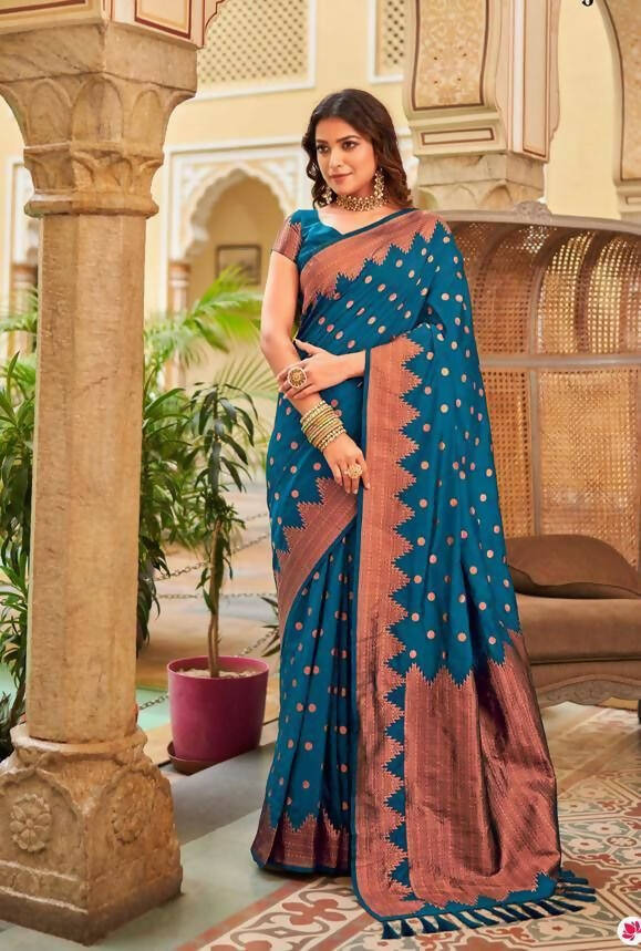 DEIANA'S Beautiful Designer Golden zari Soft Lichi Silk Saree - Blue