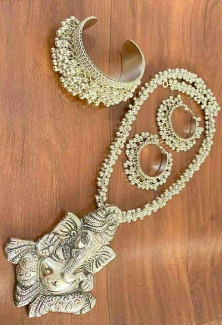 Mominos Fashion Johar Kamal Silver-Plated Brass Finish Ganesha Long Neckalce Combo Set For Women