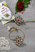NVR Women & Men Set of 2 Gold Kundan-Studded Handcrafted Wraparound Rakhi Set With Roli Chawal - Distacart