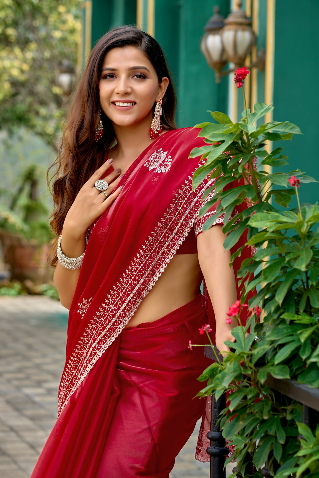 Vastranavya Red Embroidery Work Shimmer Chiffon Saree with Unstitched Blouse - Distacart