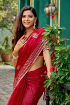 Vastranavya Red Embroidery Work Shimmer Chiffon Saree with Unstitched Blouse - Distacart