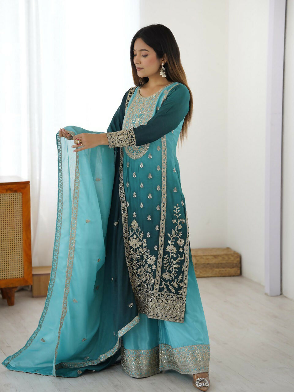 The52 Women's Gorgeous Chinon silk Fabric Embroidery Work Straight Kurta Palazzo and Dupatta Set - Distacart