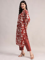 Aavyora Women Maroon Floral Printed Kurta with Printed Pants & Dupatta Set