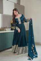 Teeya Creation Teal Color Heavy Crush Silk Wedding Wear Embroidery Work Long Gown - Distacart