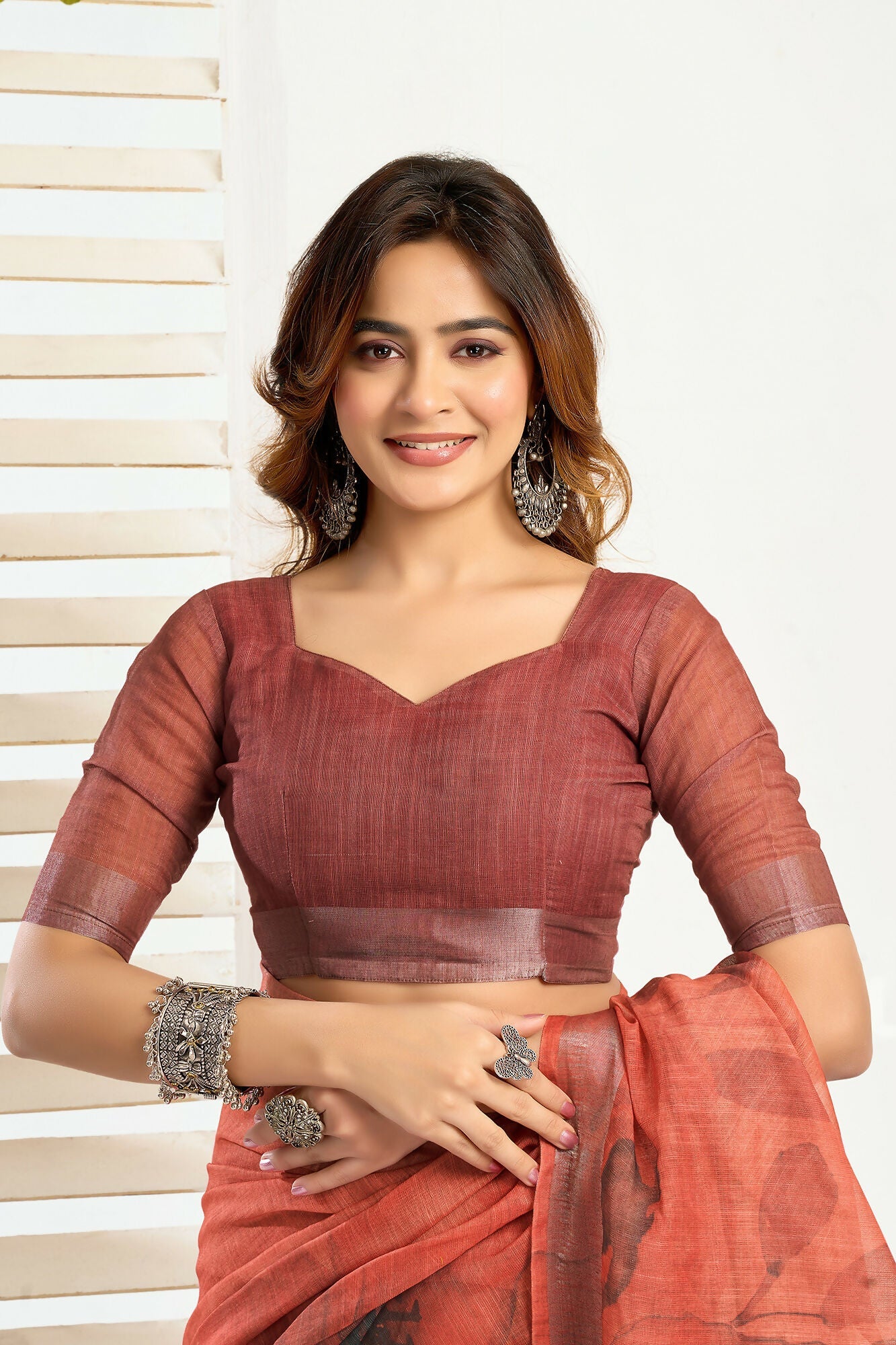 Vastranavya Brown Digital Printed Linen Ready To Wear Designer Saree with Unstitched Blouse - Distacart