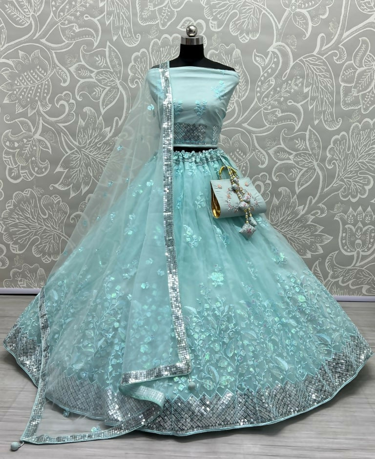 Jyoti Fashion Women's Sky Blue Bridal Net Fancy Sequins with Multi Thread Embroidered Wedding Lehenga Choli