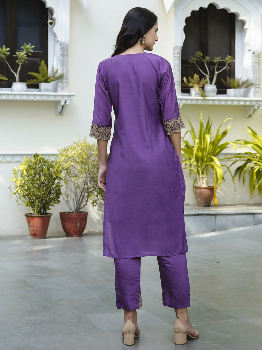 Vellora Royal Purple Silk Blend Embroidered Casual Suit for Women
