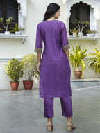 Vellora Royal Purple Silk Blend Embroidered Casual Suit for Women