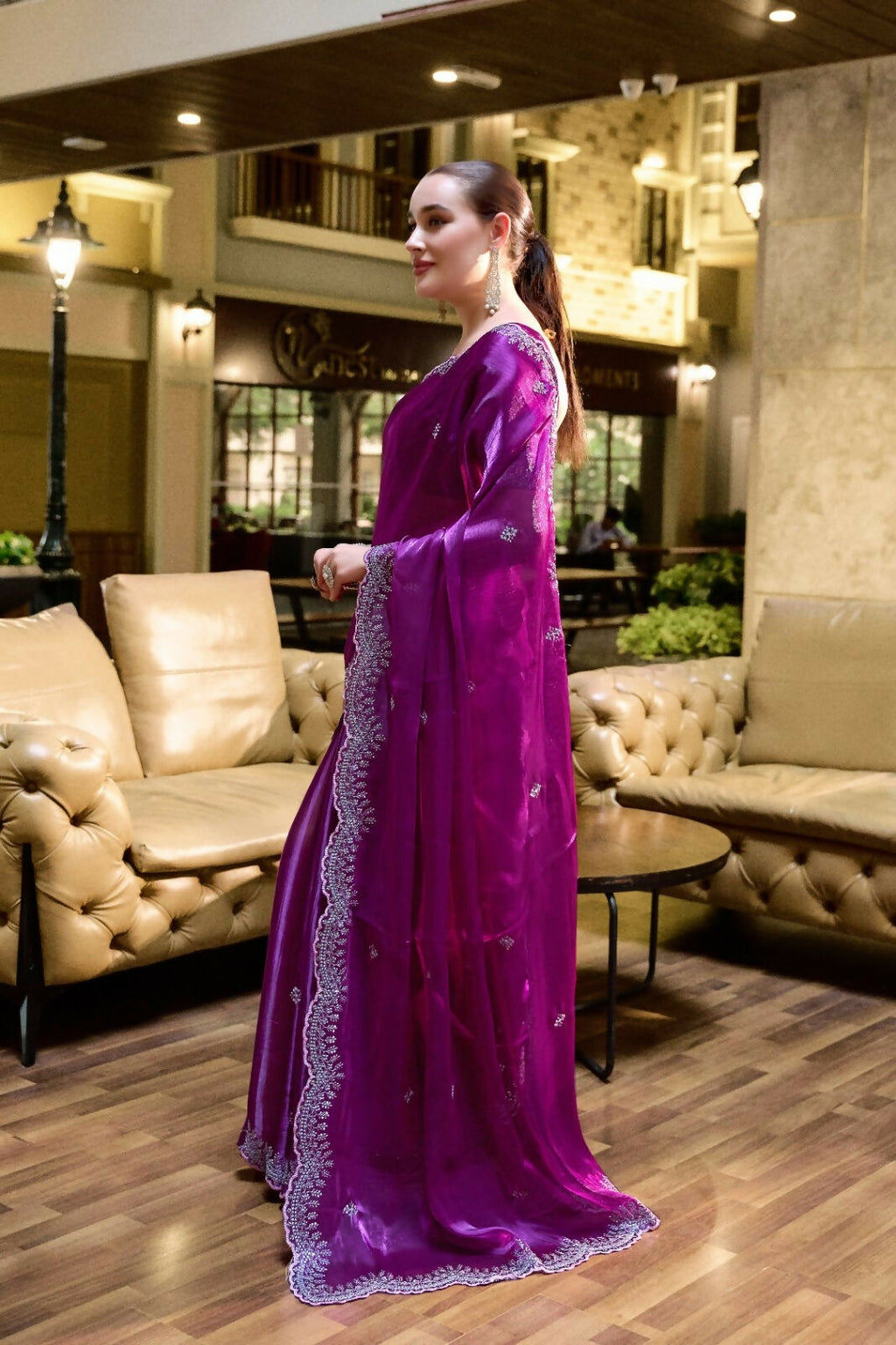 Vastranavya Purple Embroidery Work Shimmer Chiffon Saree with Unstitched Blouse - Distacart
