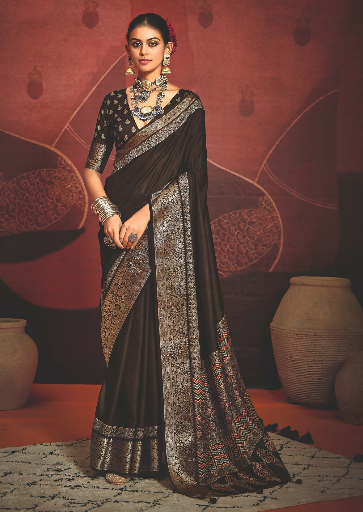 Joban Fashion Brown Art Silk With Fine Viscose Border Ajrak Full Body Print With Soft Finish Saree - Distacart