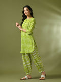 Myshka Women's Green Printed Cotton Round Neck Party Tunic With Trousers Co-ord set