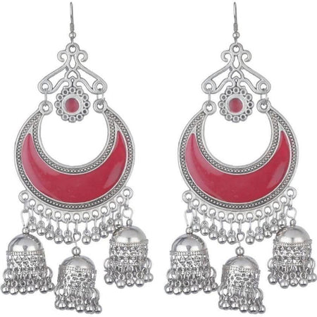 MS Fashion India Oxidized German Silver Cherry Red Chandbali Jhumkis Hook Earrings
