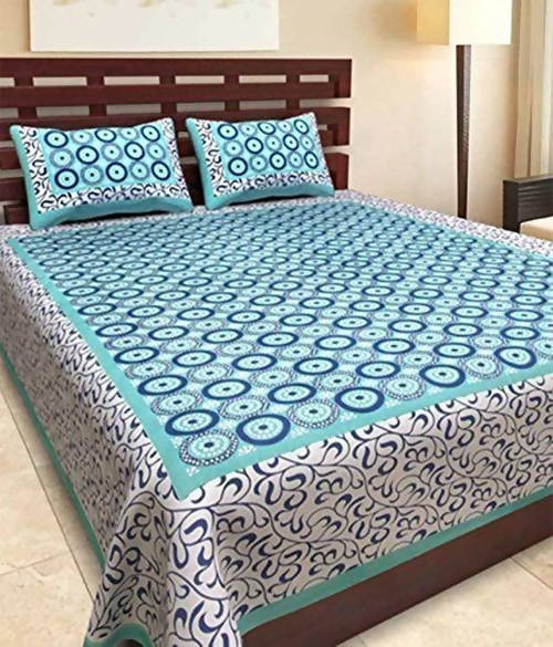 Vamika Latest Printed Cotton Sea Green & White Bedsheet With Pillow Covers (LEOC_CHKR_SG)