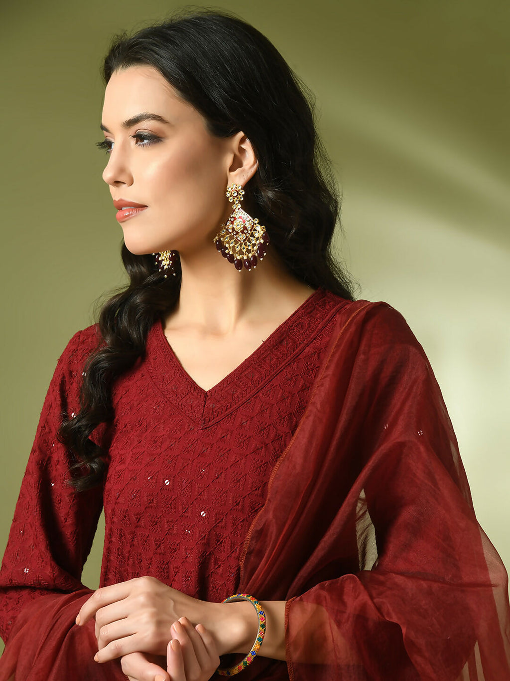 Myshka Women's Maroon Embroidered Cotton A-Line Party Kurta Set With Dupatta