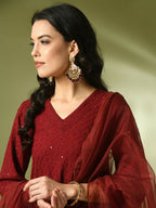 Myshka Women's Maroon Embroidered Cotton A-Line Party Kurta Set With Dupatta