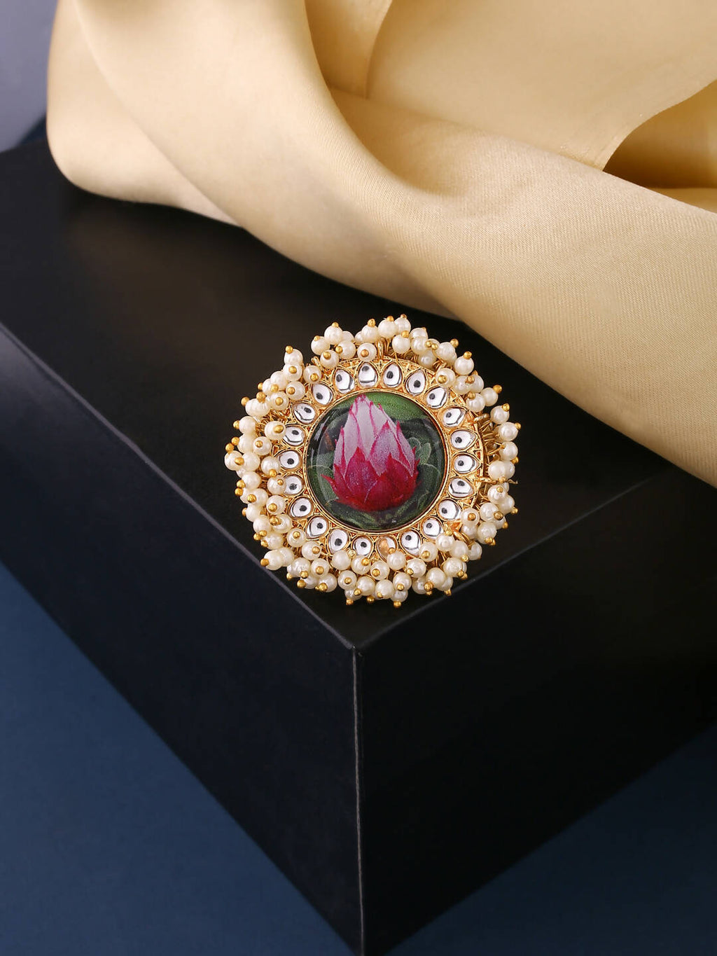 NVR Women's Traditional Ethnic Kundan Meenakari Gold-Polished Ajustable Finger Ring