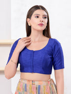 Joban Fashion Royal-Blue Dupion Silk Elbow Sleeveless Front Open Blouse