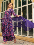 Janasya Purple Georgette Floral Kurta,Bottom & Dupatta