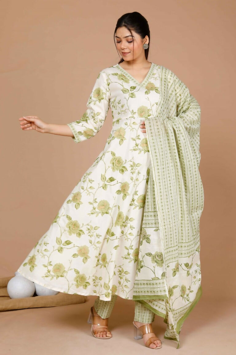 Miravan Women's Green Printed Anarkali Kurta With Palazzo And Dupatta