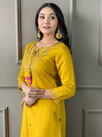 Partywear Designer Chanderi Mustard Stitched Suit With Dupatta - Tanisha