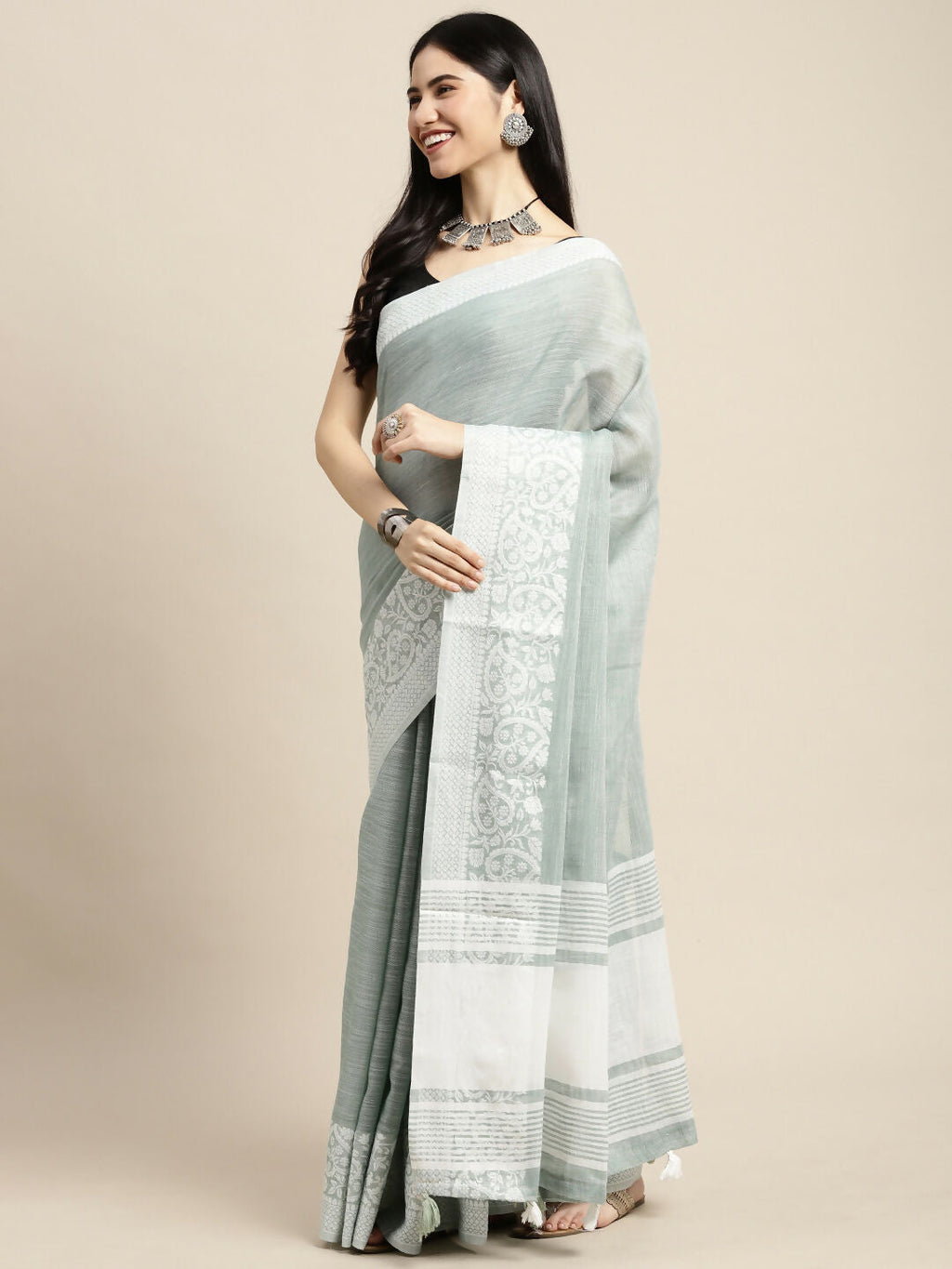 Shree Shyam Fashion Linen Sea Green Saree - Distacart