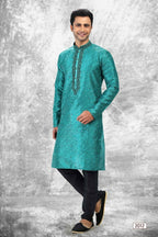 Raivat Ethnic Jacquard Silk Brocade Thread Work Kurta Pajama In Teal Green Colour