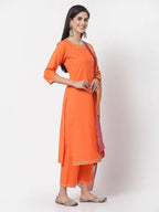 Myshka Orange Solid Cotton 3/4 Sleeve Round Neck Casual Kurta Pant Dupatta Set