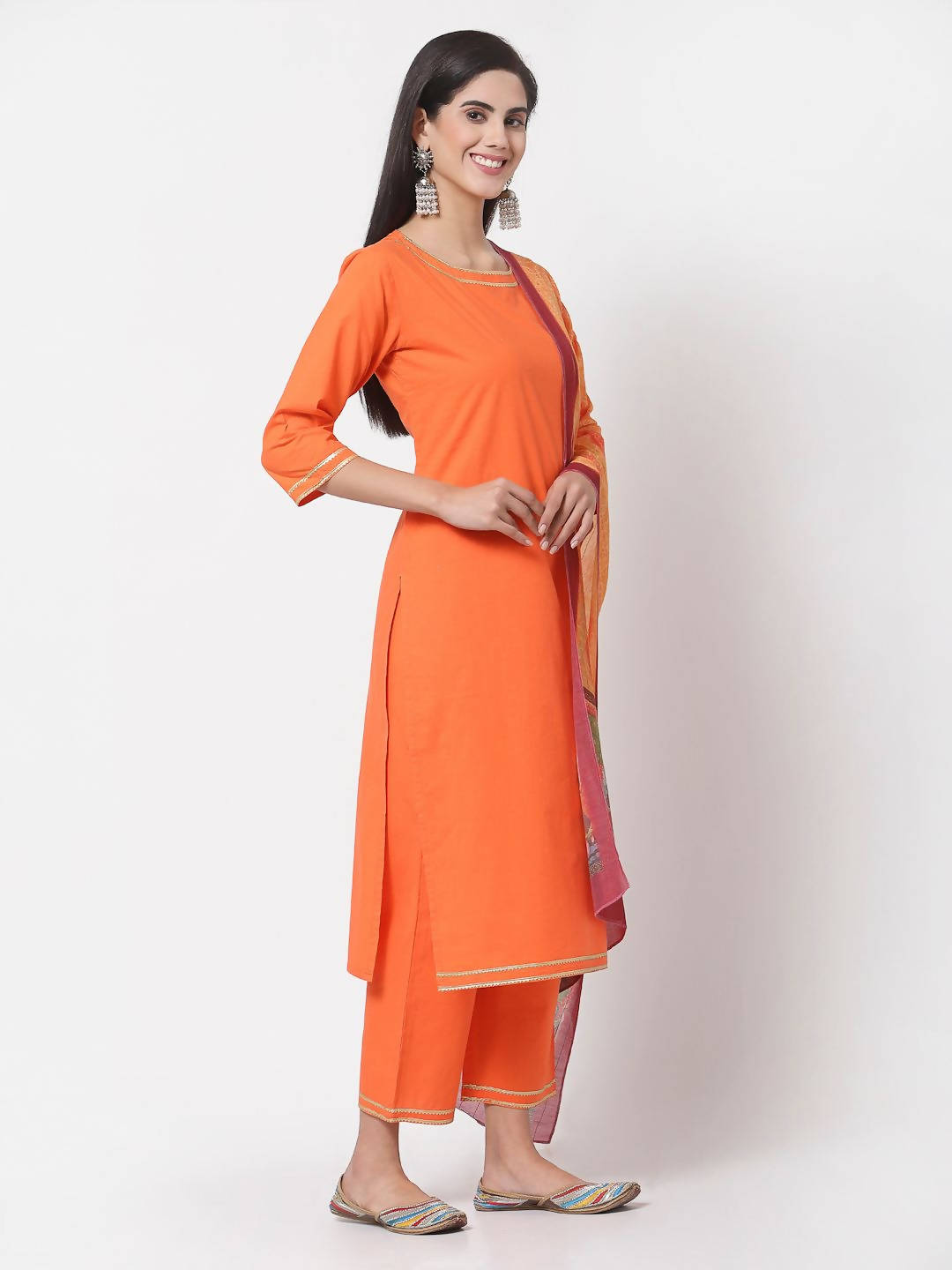 Myshka Orange Solid Cotton 3/4 Sleeve Round Neck Casual Kurta Pant Dupatta Set