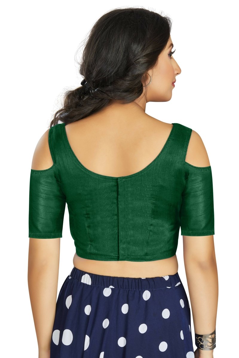 Aastha Fashion Women's Green Art Silk Cold Shoulder Sleeve Readymade Blouse
