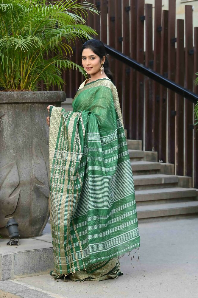 Beatitude Green Cotton Stripes Border Handloom Saree