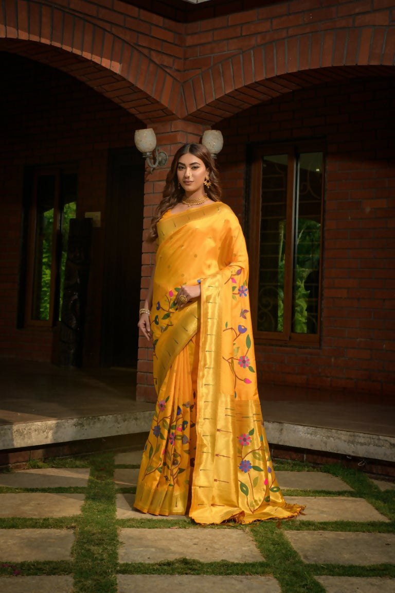 Jyoti Fashion Women's Yellow Paithani Silk Zari Woven Saree with Blouse