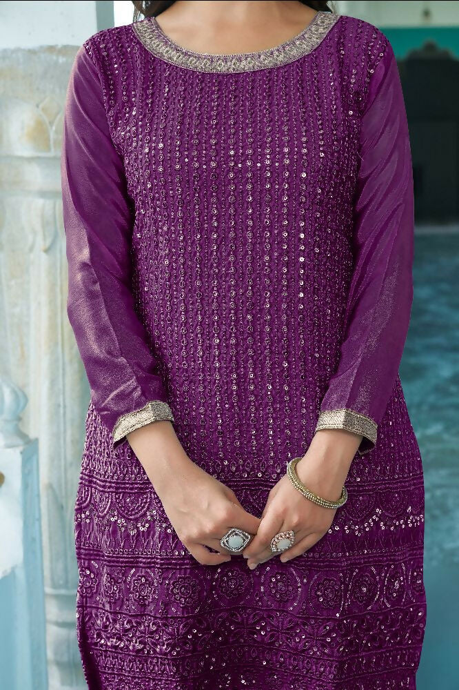 Teeya Creation Wine Colour Chinnon Silk Heavy Embroidery Work Fully Stitched Salwar Suit - Distacart