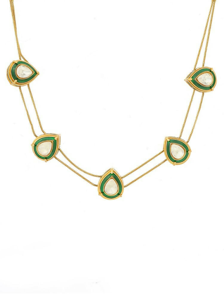 Green Meenakari Antique Finish Earrings and Drop Necklace set - Ruby Raang