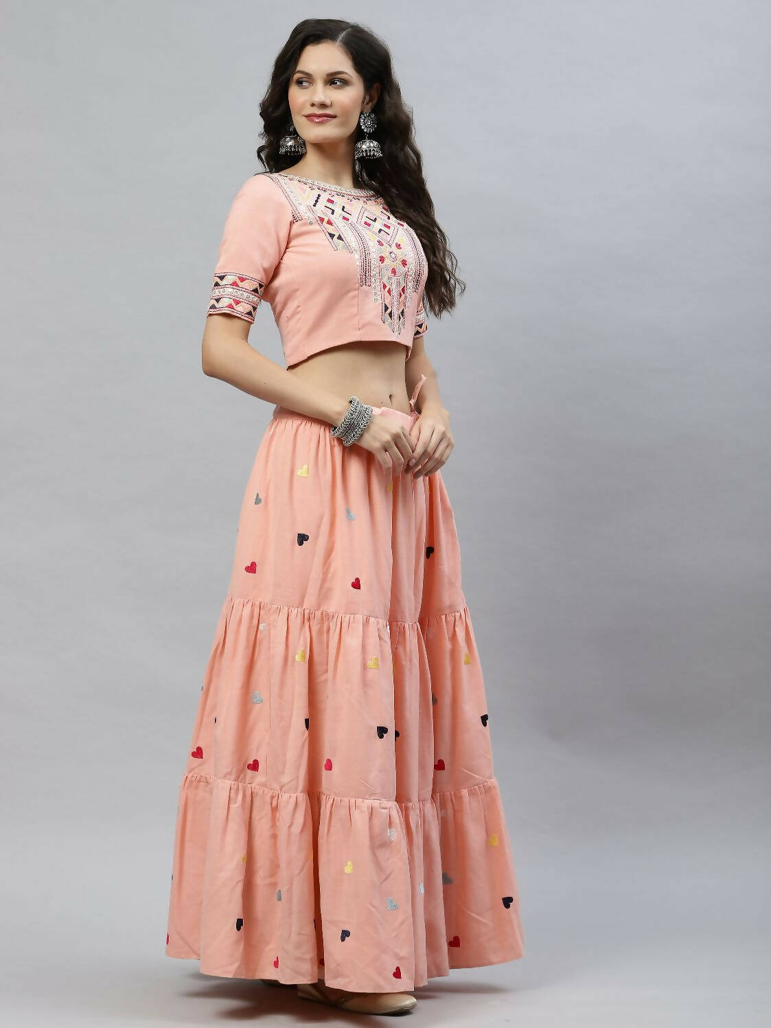 Pink Cotton Embroidered Work Lehenga Choli with Dupatta - Jivika