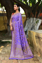 Joban Fashion Dark Lilac Crepe Chiffon Pure Handloom Banarasi Silk Saree