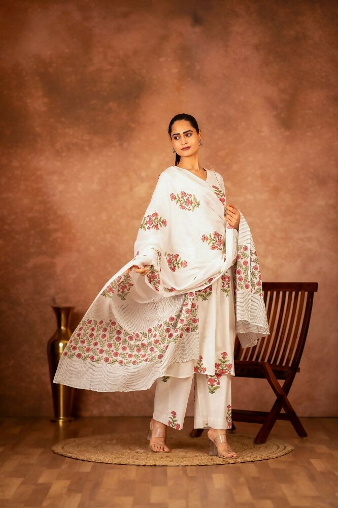 Joban Fashion Off White Pink Hand Block Printed Cotton Suit Set - Distacart