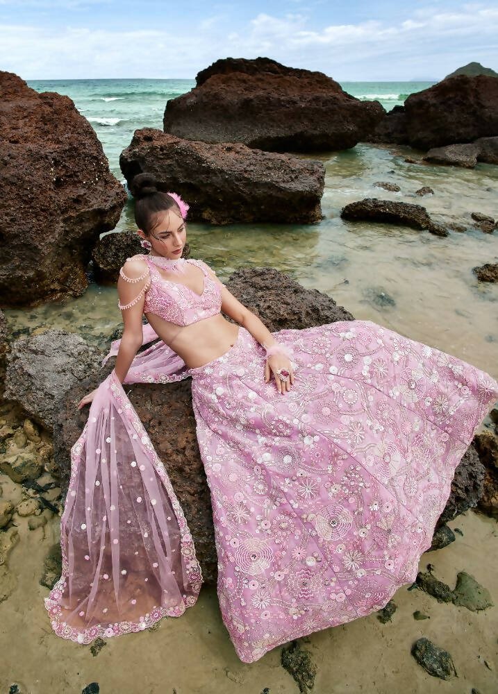 House of Panchhi Mauve Organza Sequins, Zarkan And Thread Embroidery Lehenga Choli & Dupatta