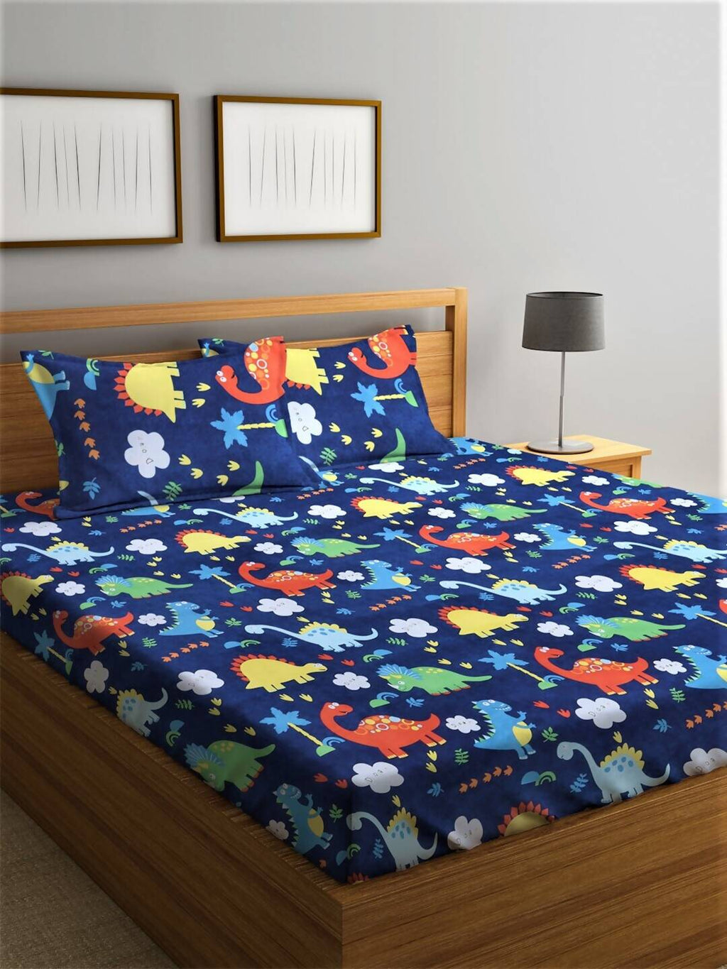 Home Sizzler Blue & Red Cartoon Characters 210 TC Bedsheet with Pillow Cover - Distacart