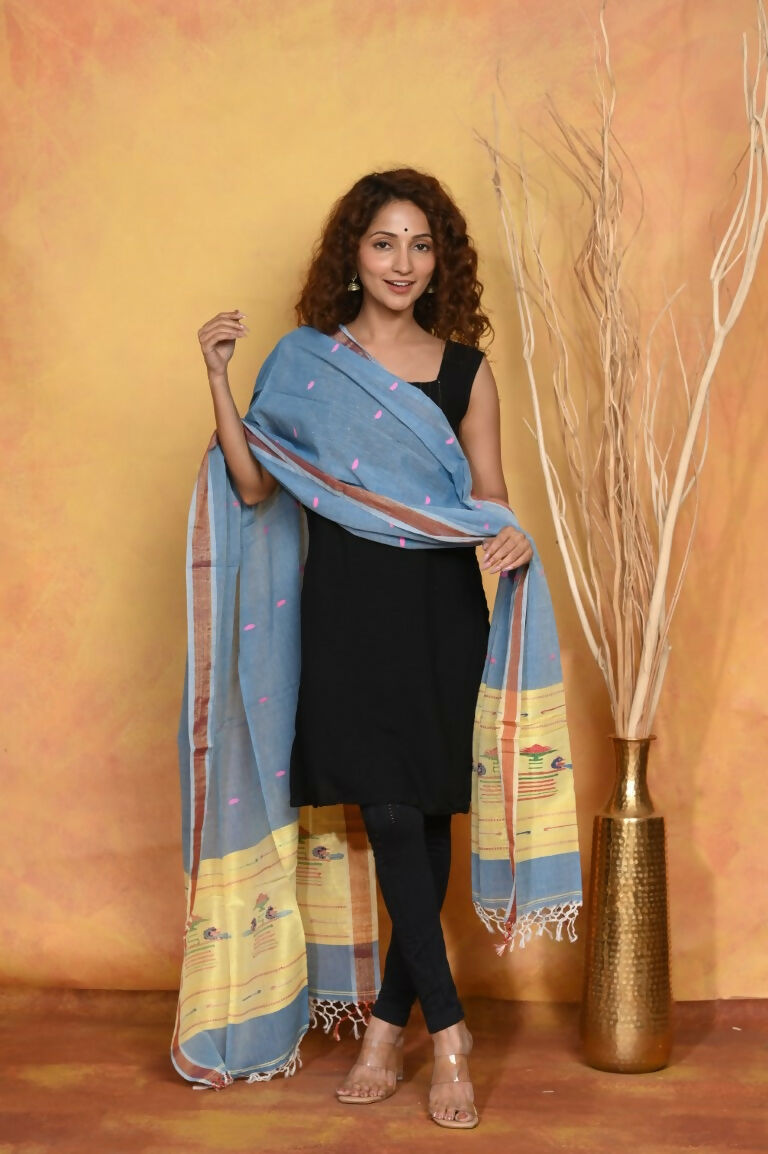 Very Much Indian Handloom Pure Cotton Paithani Dupatta - Powder Blue