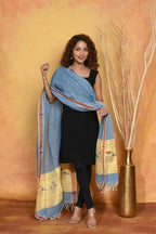 Very Much Indian Handloom Pure Cotton Paithani Dupatta - Powder Blue