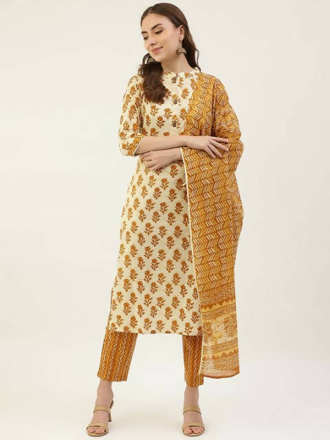 FIORRA Women's Yellow Cotton Straight Kurta Pant With Dupatta