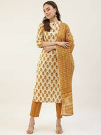 FIORRA Women's Yellow Cotton Straight Kurta Pant With Dupatta