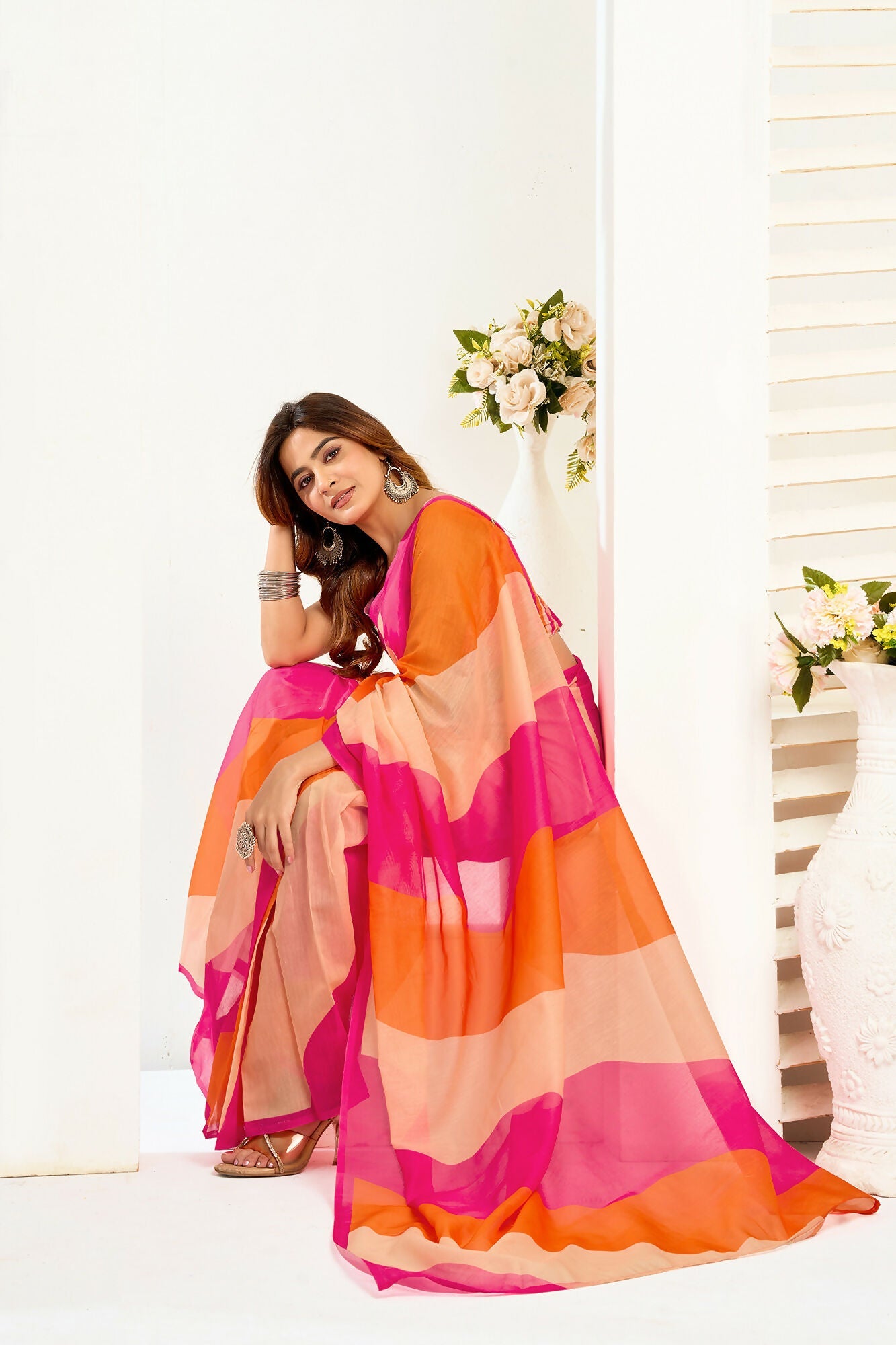 Vastranavya Multicolor Digital Printed Linen Ready To Wear Designer Saree with Unstitched Blouse - Distacart