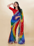 Blue Georgette Bandhani Printed,Embroidery Work Saree - Bandhan